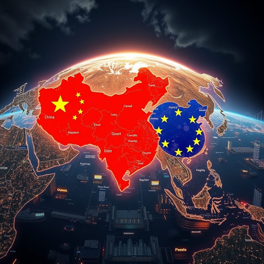 A map of the world with China and the European Union highlighted, and a flow of rare earth elements depicted between them, symbolizing continued trade despite a U.S. trade deal expiration.