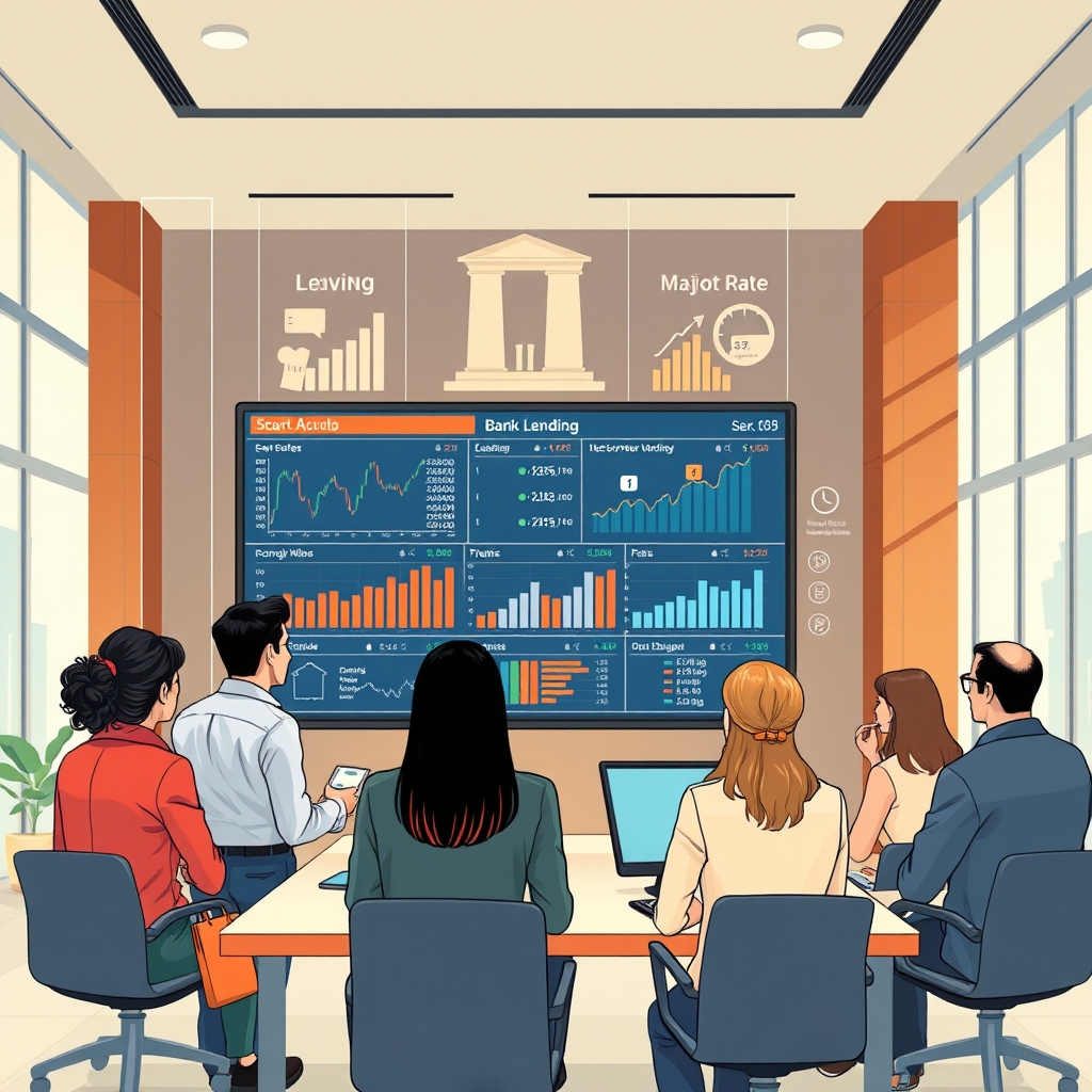 An illustration depicting a bank lending scenario with a focus on the impact of the Current Expected Credit Loss (CECL) standard. The image features a diverse group of bank employees analyzing financial data on a large screen, with charts and graphs showing trends in lending rates and fees. The background includes elements representing financial growth and stability.