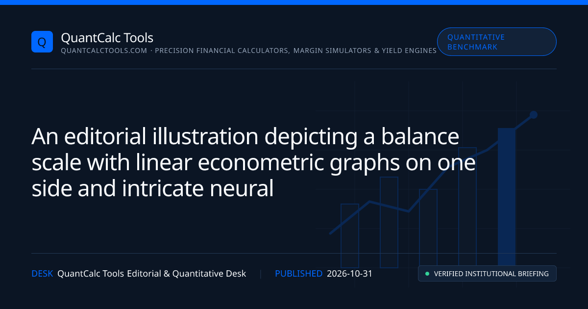 An abstract representation of econometric models and machine learning, featuring a balance scale with linear graphs on one side and complex neural network patterns on the other, symbolizing the comparison between traditional and modern forecasting methods.