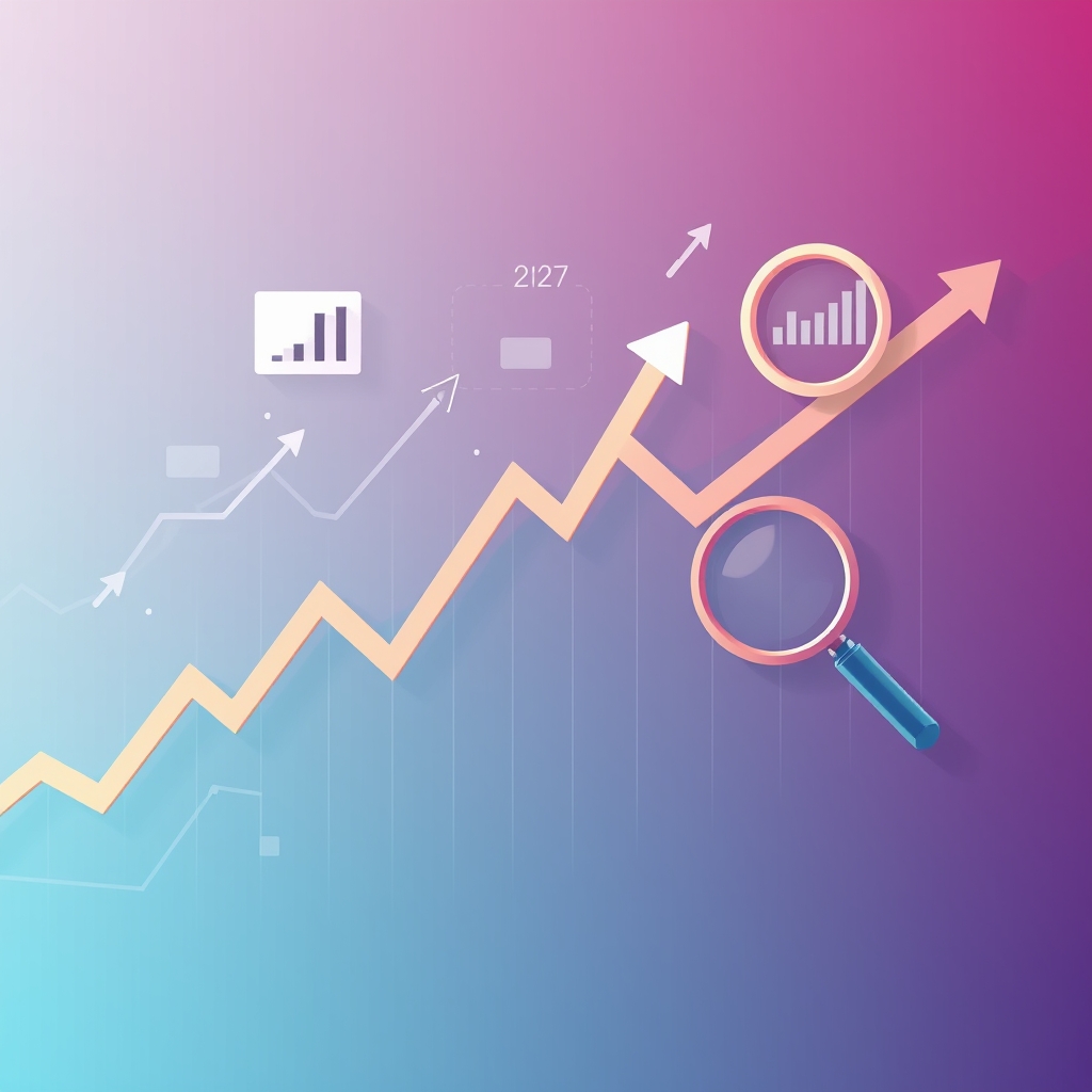 An abstract illustration representing economic forecasting, featuring a dynamic graph with fluctuating lines and arrows indicating growth and decline, alongside symbols of data analysis such as charts and magnifying glasses.